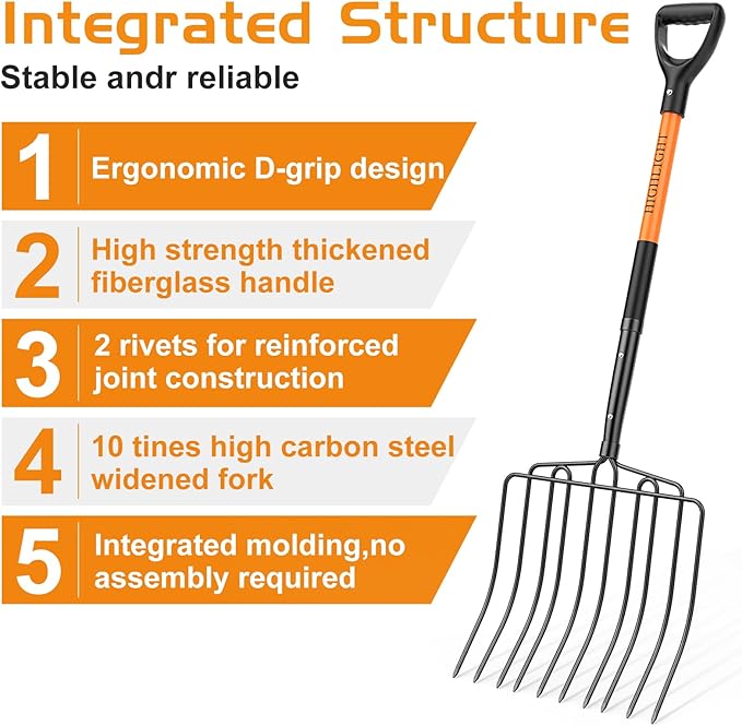 HIGHLIGHT 10-Tine Wide Head Pitch Fork for Manure & Hay, Heavy Duty with Unbreakable Fiberglass Handle, 45-Inch Ergonomic Grip