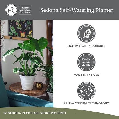 The HC Companies Sedona Round Self-Watering Pot - Lightweight Self Care Planter - Plastic Planter for Herbs & More - Durable Plant Pots for Indoor Plants & Outdoor Plants (9" Warm Gray, Pack of 1)