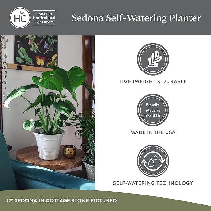 The HC Companies Sedona Round Self-Watering Pot - Lightweight Self Care Planter - Plastic Planter for Herbs & More - Durable Plant Pots for Indoor Plants & Outdoor Plants (12" Warm Gray, Pack of 1)