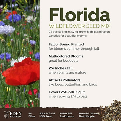 Eden Brothers Florida Wildflower Mixed Seeds for Planting, 1/4 lb, 120,000+ Seeds with Cornflower, Cosmos, African Daisy | Attracts Pollinators, Plant in Spring or Fall, Zones 3, 4, 5, 6, 7, 8, 9, 10