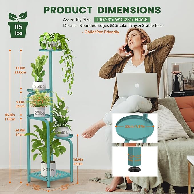 TOSKING 5 Tier Tall Plant Stand Indoor Outdoor, Heavy Duty Corner Shelf for Plants & Decor, Space Saving 3.9FT Metal Flower Pot Stand for Balcony, Garden, Living Room, Patio (Blue, 47in)