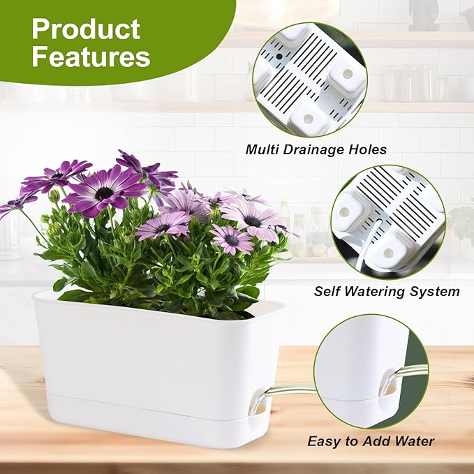 Self Watering Planters: 4 Packs Rectangular Plant Pots with with Drainage and Tray, 10 Inch Window Pot Self Watering Planter for Herb, Houseplants