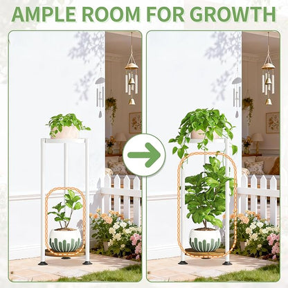 KMOTASUO 2 Tier White Plant Stand Indoor for Large Tall Heavy Duty Planter, Multiple Sturdy Metal Flower Corner Rack for Narrow House Floor, Iron Vertical Level Round Orchi Holder Organizer, Modern