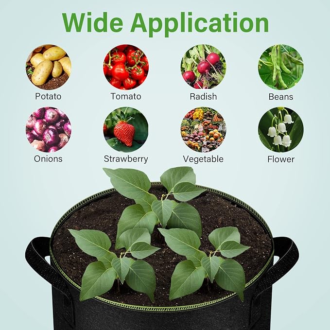 iPower 5-Gallon 10-Pack Grow Bag Thickened Nonwoven Fabric Pots Heavy Duty Aeration Container with Strap Handles for Garden and Planting Vegetable Flowers, Black with Green Stitch Sewing