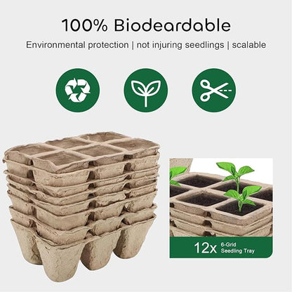 GROWNEER 72 Cells Peat Pots Seed Starter Trays 12 Packs Biodegradable Seedling Pots Germination Trays Organic Plant Starter Kit with 15 Pcs Plant Labels