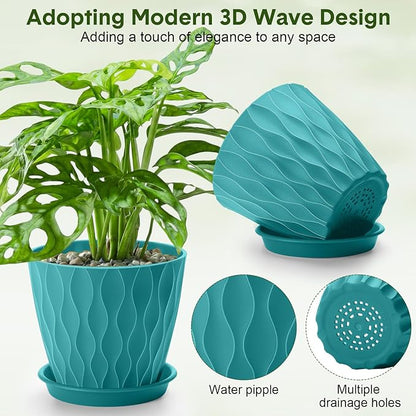 24 Pack 4 Inch Plant Pots Bulk Small Pots for Succulents Waffle Texture Plastic Planter with Drainage Holes and Saucers for Indoor Outdoor Plants Flowers, Seedlings (Lake Green)