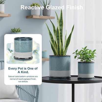 Ceramic Plant Pots Flower Pots Round Planter with Drainage Hole and Saucer Indoor Outdoor with Mesh Pad and Silicone Plug Office Home Decor 5.5+6.5 inch Set 2