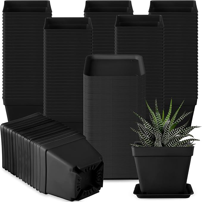Amyhill 4 Inch Flower Pots Square Plants Nursery Pot Plastic Plant Seedling Pots Nursery Transplanting Planter Container with Saucer for Indoor Herbs Succulent Balcony Garden(Black,100 Pcs)