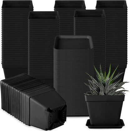 Amyhill 4 Inch Flower Pots Square Plants Nursery Pot Plastic Plant Seedling Pots Nursery Transplanting Planter Container with Saucer for Indoor Herbs Succulent Balcony Garden(Black,100 Pcs)