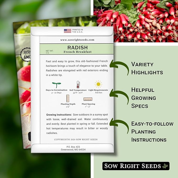 Sow Right Seeds - French Breakfast Radish Seed for Planting - Non-GMO Heirloom Packet with Instructions to Plant a Home Vegetable Garden - Fast Growing Variety - Long and Tapered with Spicy Flavor (2)