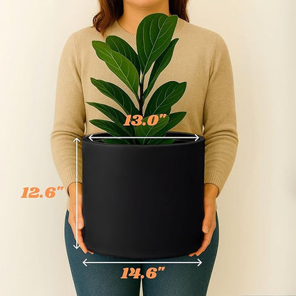 Fox & Fern 14.6 Inch Extra Large Planter — Premium Lightweight Fiberstone Matte Black Plant Pot with Drainage Plug - Big Planter for Indoor & Outdoor Use - Weather Resistant & UV Resistant