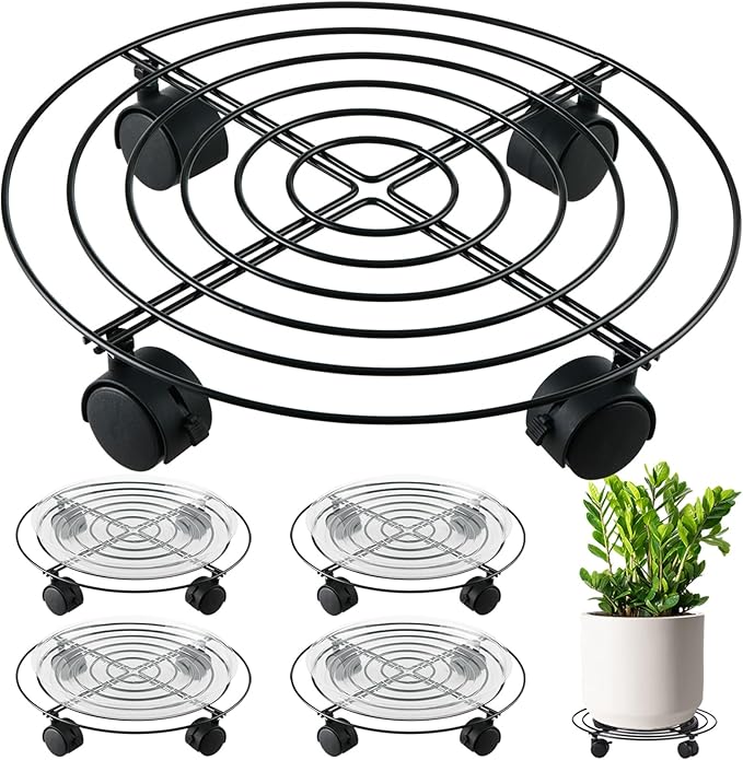 5 Packs 15.8 Inches Metal Plant Caddy with Wheels Extra-large Rolling Plant Stands Heavy-duty Wrought Iron Plant Roller Base Pot Movers Indoor Outdoor Plant Dolly with Casters Planter Tray Coaster