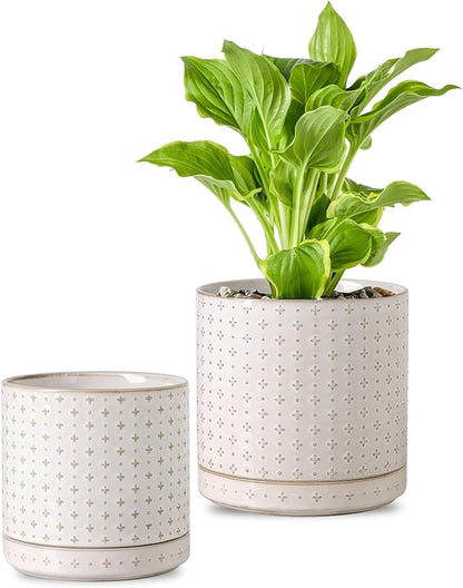 Plant Pots, 5+6 inch Planters Set of 2, Ceramic Pot for Indoor Plants with Drainage Hole and Saucer, Small Flower Pot for Succulent, White