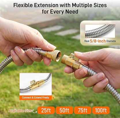Garden Hose, 75ft 5/8" Stainless Steel Water Hose w/ 10-Mode Spray Nozzle, On/Off Valve, 523 PSI Burst, Anti-Kink, Lightweight All-Weather Flexible, Leakproof 3/4" Brass Male to Female Fittings