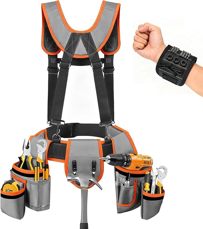 Tool Belt with Suspenders, Tool Belts for Men, Magnetic Wristband & Detachable Pouch – Heavy Duty Adjustable Belt for Electricians, Carpenters, DIY, Construction,Gift (Gray-Orange, Universal)