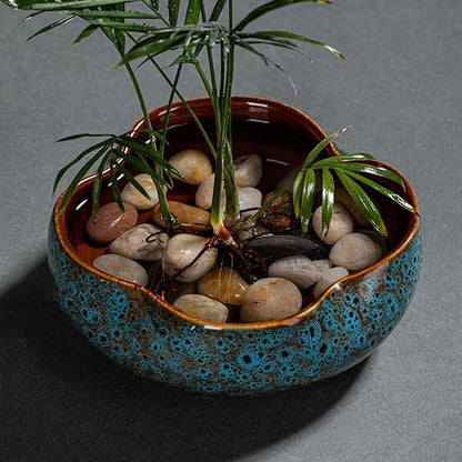 Lotus Bowl Planter,Round Lotus Bowl,Ceramic Lotus Flower Bowl,Lotus Bowls for Planting in Water Indoors,Applicable to Bonsai Bowl Lotus Flower,Succulent Plants Hydroponic Plant Home Decor (Blue+S)