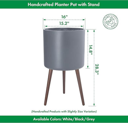 D'vine Dev 16 Inch Planter Pot with Stand, Mid-Century Tall Plant Pot with Legs for Indoor Plants, XX-Large, Grey, 88-O-E-3