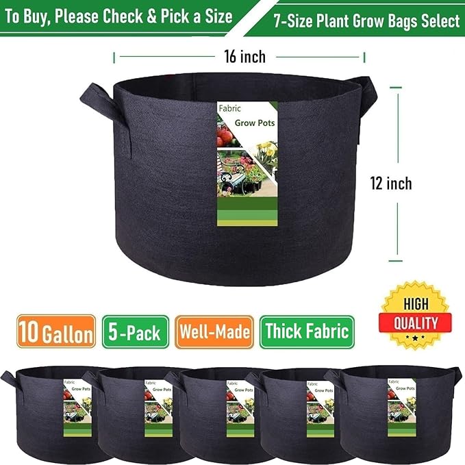 5-Pack 10 Gallon Thickened Plant Grow Bags (16x12 inch) Fabric Plant Pots for Tomato,Potato Planters,Herbs Veggies Planter Bag,Flower Pot,Garden Pot,Barrel Planter,Plant Container W/ Gardening Gloves