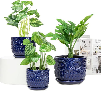 Ceramic Flower Pots, Ceramic Planters with Drainage Hole and Saucer, Modern Round Indoor Succulent Planters with Owl Design, Small to Medium-Sized, Set of 3, Navy Blue
