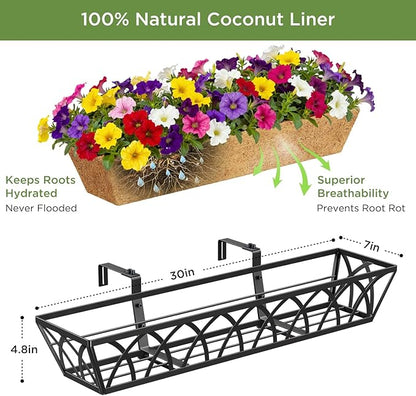 30 Inch Window Deck with Coco Liner, Fence Metal Hanging Flower Planter Window Basket Deck Railing Planter Boxes for Outdoor Garden Lawn，30" Window Boxes Horse Trough with Coconut Coir Liner, 2pcs