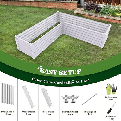 A ANLEOLIFE 2 Set L-Shaped Galvanized Raised Garden Beds Outdoor,74x74x18in Large Metal Planter Box for Planting Vegetables Flowers Herb, Anti-Rust & Easy-Setup, Antique White