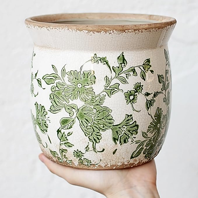 Vintage Farmhouse Ceramic Planter & Kitchen Utensil Holder - 6.21 Inch Tuscan Rustic Plant Pot with Drainage for Indoor/Outdoor Use, Garden & Home Decor, Unique Gift (Green Leaf)