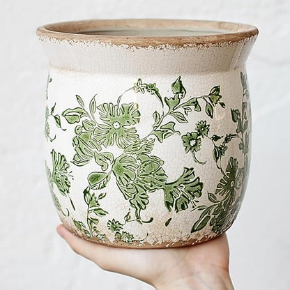 Vintage Farmhouse Ceramic Planter & Kitchen Utensil Holder - 6.21 Inch Tuscan Rustic Plant Pot with Drainage for Indoor/Outdoor Use, Garden & Home Decor, Unique Gift (Green Leaf)