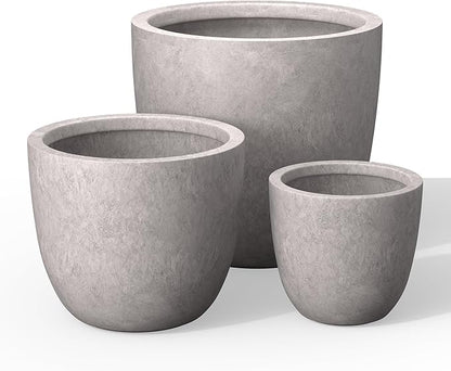 Kante Round Concrete Planter Set of 3, Large Outdoor Indoor Plant Pots with Drainage Hole, 10/14/18-Inch Diameter Flower Pots for Patio, Garden and Home, Light Gray