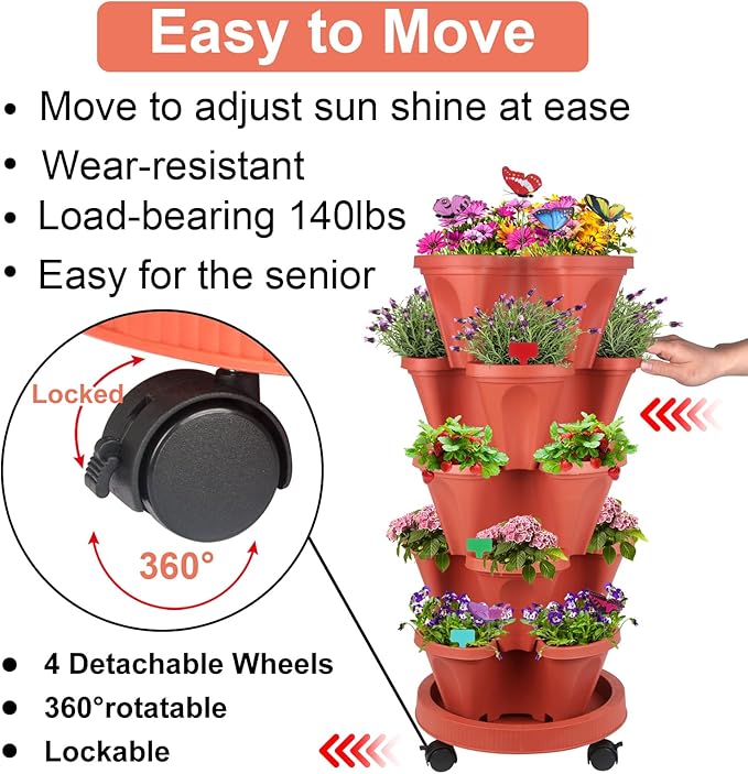 GameXcel Vertical Planter, 5 Tier Stackable Strawberry Planter with Garden Tool Set, Movable Indoor/Outdoor Garden Herb Pot for Growing Vegetables and Succulents, Red