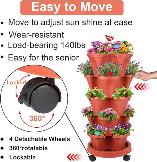 DUNCHATY Stackable Planter, Vertical Strawberry Planter with Garen Tool Set, Self Watering Garden Planter Indoor/Outdoor 5 Tier Herb Planter Pots for Growing Vegetables and Succulents, Clay Red