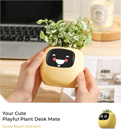 Ivy AI Smart Plant Pot with Emoji Intelligent Planter Robot for Houseplants Tamagotchi Flower Pot Stylish Plantagotchi Home Decor(Lemon)