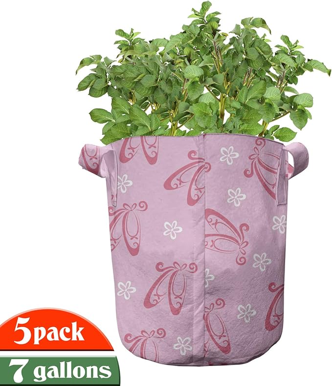 Ambesonne Ballet Grow Bags 5-Pack, Pointe Shoes with Flowers, Heavyduty Fabric Pots with Handles for Plants, Pink White