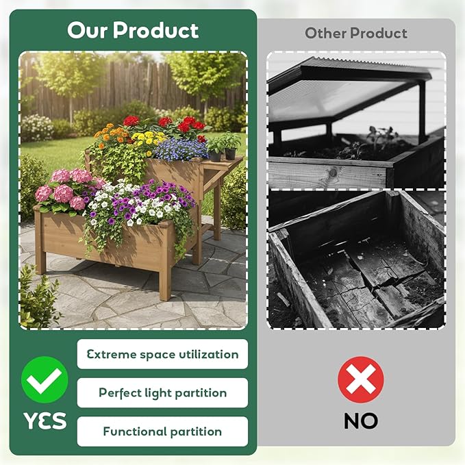 PetsCosset Raised Garden Bed, Outdoor Wood Elevated Planter Box, FirWood Garden Beds with Storage Shelf, Protective Liner, Table Ledge,for Vegetable, Herb, and Flower Cultivation (2 Storey)