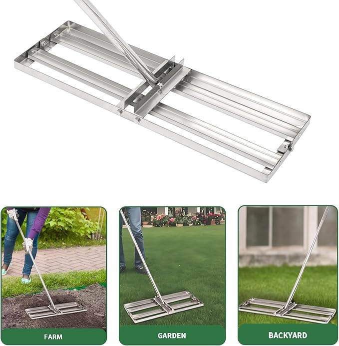 Lawn Leveling Rake - 30'' x 10'' Stainless Steel Lawn Leveler, Heavy Duty Ground Plate Rake for Yard, with Adjustable 72'' Long Handle, Effort Saving Lawn Level Tool for Farm, Garden, Golf Lawn