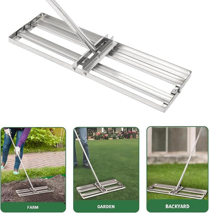 Lawn Leveling Rake - 30'' x 10'' Stainless Steel Lawn Leveler, Heavy Duty Ground Plate Rake for Yard, with Adjustable 72'' Long Handle, Effort Saving Lawn Level Tool for Farm, Garden, Golf Lawn