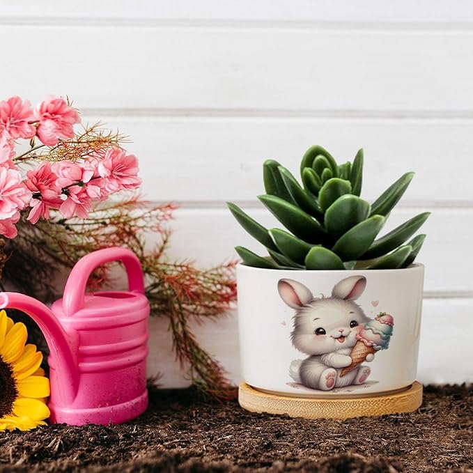 DreamAutumn Cute Easter Bunny Ceramic Pots for Plants with Drainage Holes Round Flower Pot Bamboo Tray Orchid Pot Succulents Pots for Outdoor Indoor Plants