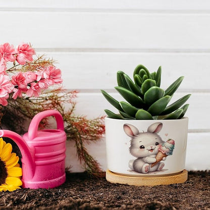 DreamAutumn Cute Easter Bunny Ceramic Pots for Plants with Drainage Holes Round Flower Pot Bamboo Tray Orchid Pot Succulents Pots for Outdoor Indoor Plants