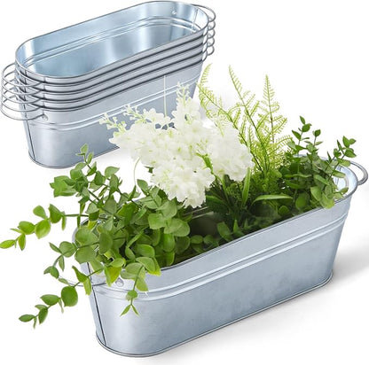 Sabary 6 Pcs Small Galvanized Oval Planters Tub Galvanized Buckets with Handle Oval Metal Pail Flower Pot Rustic Farmhouse Home Decor for Outdoor Party Wedding (11.42 x 3.94 x 2.99 Inch)
