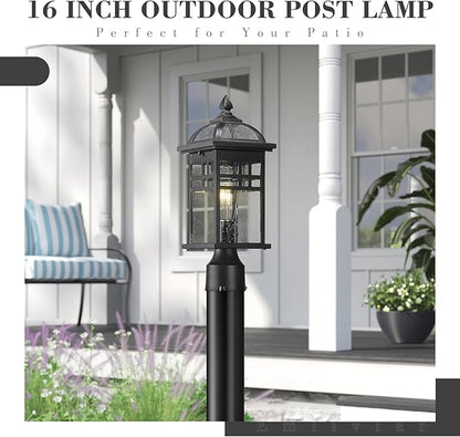 Emliviar 16 Inch Outdoor Lamp Post Light Fixture, Modern Outdoor Pillar Light for Outside, Waterproof Aluminum in Black Finish Seeded Glass, DE281P BK