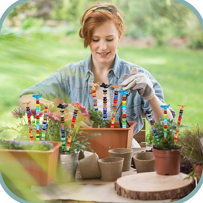 Tigeen 236 Pcs Garden Stake DIY Fairy Wand Plant Stake with 12 Colorful Crystal Stopper Top 12 Threaded Rod with 200 Large Hole Bead for Spring Summer Holiday Outdoor Decorations(Dragonfly Bird Bee)