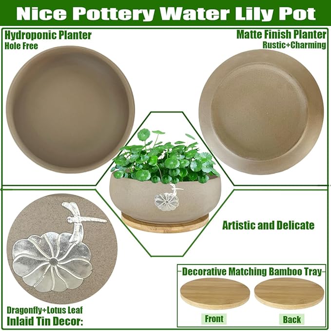 MUZHI Round Ceramic Hydroponic Bowl Lotus Planter Pot with Bamboo Tray, Classic Pottery Water Lily Bowl Planter Container Inlaid Dragonfly and Lotus Leaf Decor 7.3"