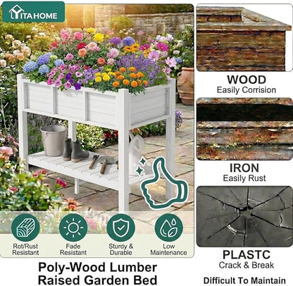 YITAHOME 48x18x30in Raised Garden Bed HDPE, Weather-Resistant Poly Lumber Planter Box with Legs & Storage Shelf, Elevated Garden Bed for Yard, Garden, Balcony - White