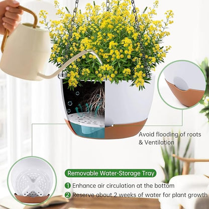 Hanging Planters for Indoor Plants, Set of 2 8/10 Inch Self-Watering Hanging Pots with Drainage Hole & Removable Water-Storage Tray II Screw-in Hooks II