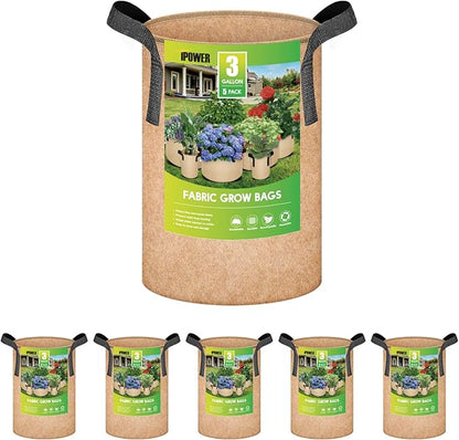 iPower 5-Pack 3 Gallon Plant Grow Bags Thickened Nonwoven Aeration Fabric Pots Heavy Duty Durable Container, Strap Handles for Garden, Tan