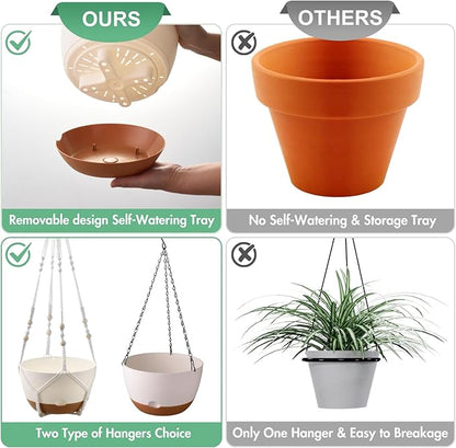 3 Pack 8/10/12 Inch Hanging Planters for Indoor Plants with Self-Watering Includes Hanging Pots for Plants, Outdoor Hanging Flower Pots with Drainage, and 2 Types of Hanging Baskets Hangers (White)
