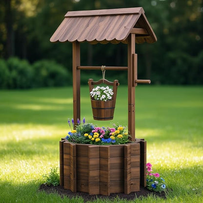 Wishing Wells for Outside,Wooden Wishing Well Planter,Rustic Flower Planter for Garden Patio Lawn Backyard Home Decor-21.7X21.7X47.25IN