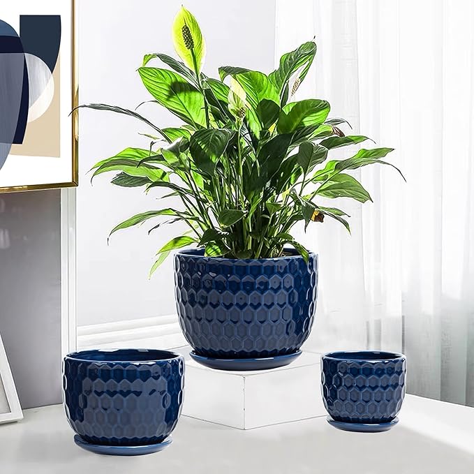 Ceramic Flower Pots with Drainage Hole and Saucer, North European Style Round Indoor Succulent Planters with Honeycomb Inspired Texture Design, Small to Medium-Sized, Set of 3, Navy Blue