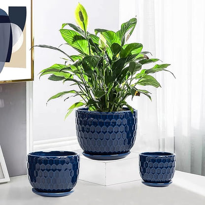 Ceramic Flower Pots with Drainage Hole and Saucer, North European Style Round Indoor Succulent Planters with Honeycomb Inspired Texture Design, Small to Medium-Sized, Set of 3, Navy Blue