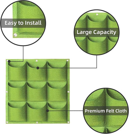 Hanging Planting Grow Bags, 9 Pockets Hanging Vertical Wall Planter Wall Mounted Grow Bag Outdoor Indoor Gardening Vertical Greening Flower Container, Planting Bags Storage Bags(0.5 m × 0.5 m, Green)