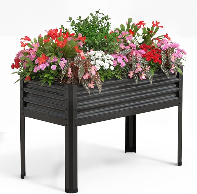 Large Raised Garden Bed with Legs, 48×24×32 in Galvanized Elevated Planter Box for Backyard, Patio, Balcony, 400lb Capacity, Black